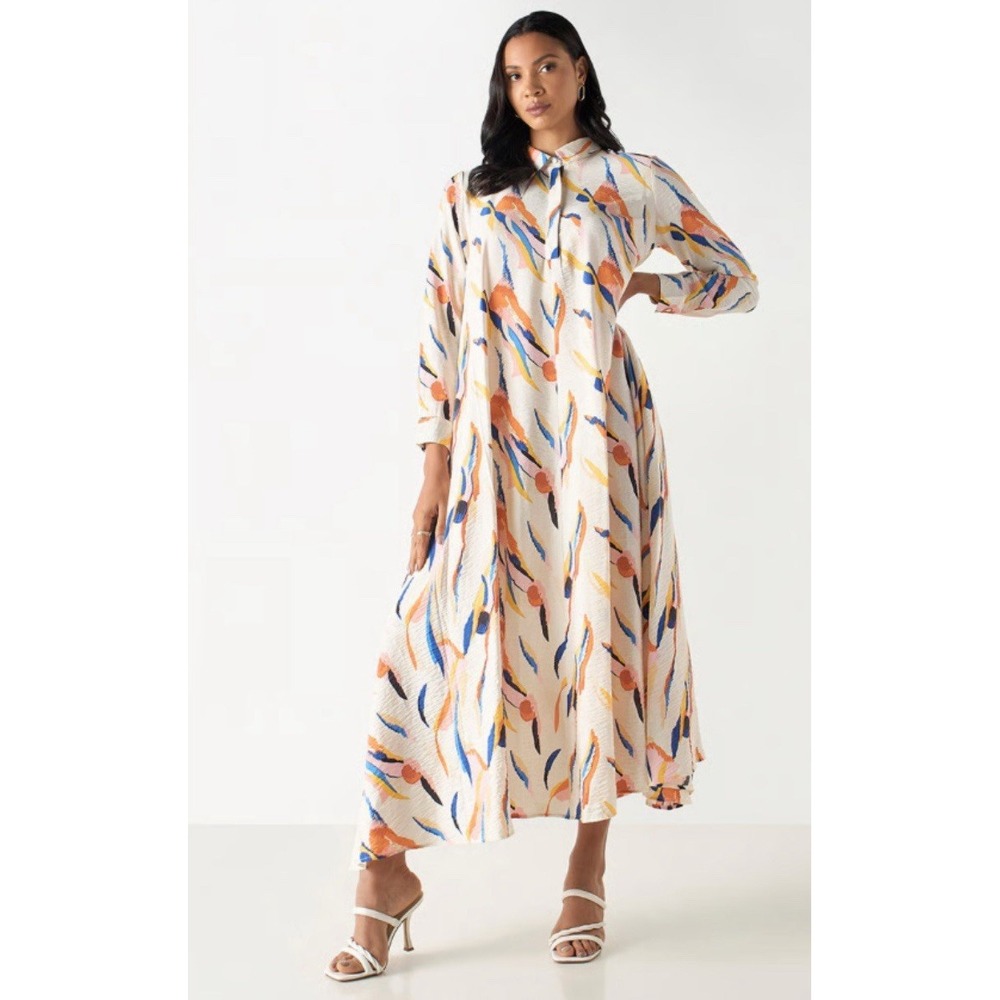 Iconic Womens US 12 Dress Trapeze Maxi Button Henley Collar Pattern Print Artsy